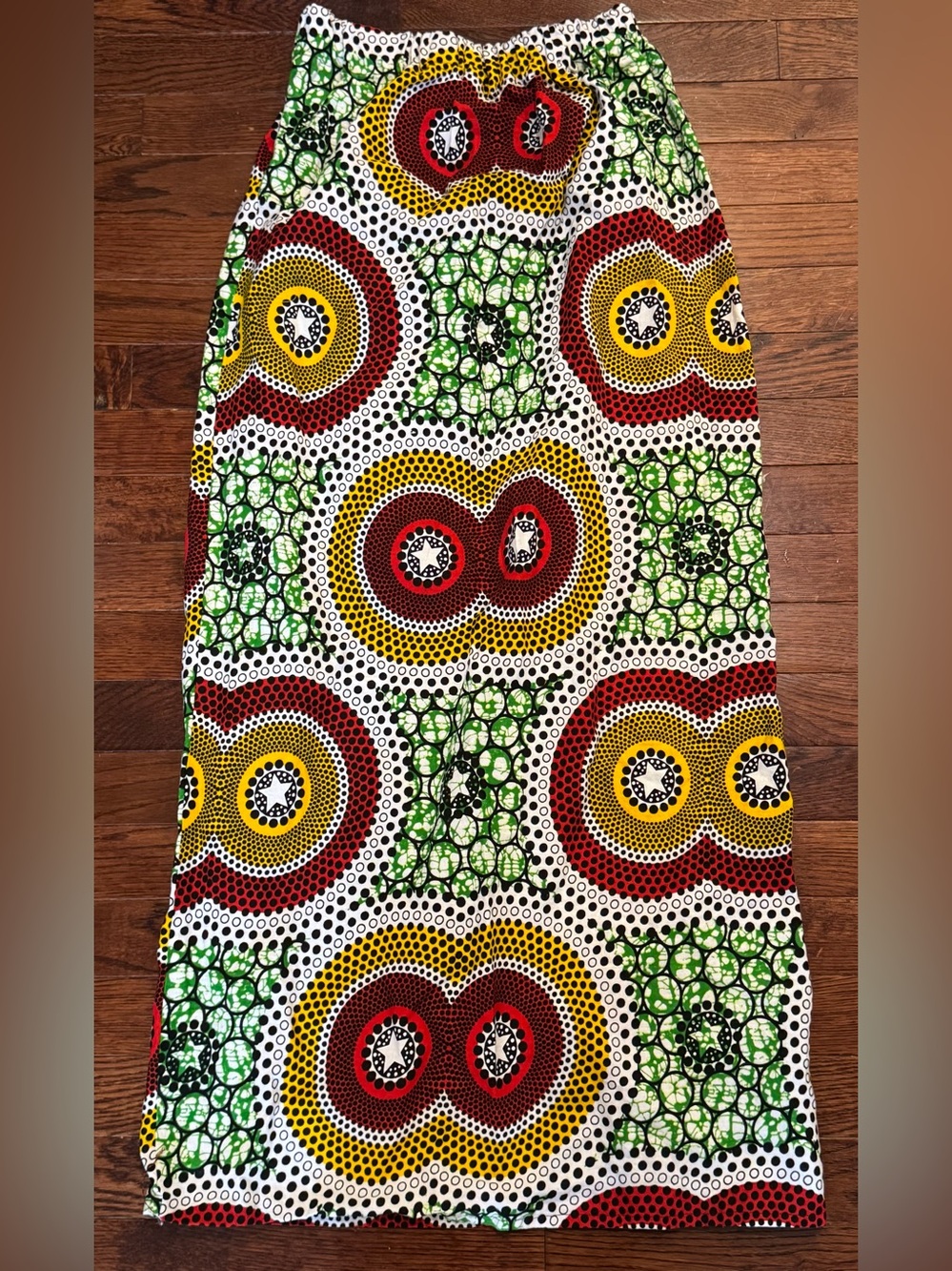 Veritable Wax Block Print African Ankara Maxi Skirt Cotton Boho Red Green Small